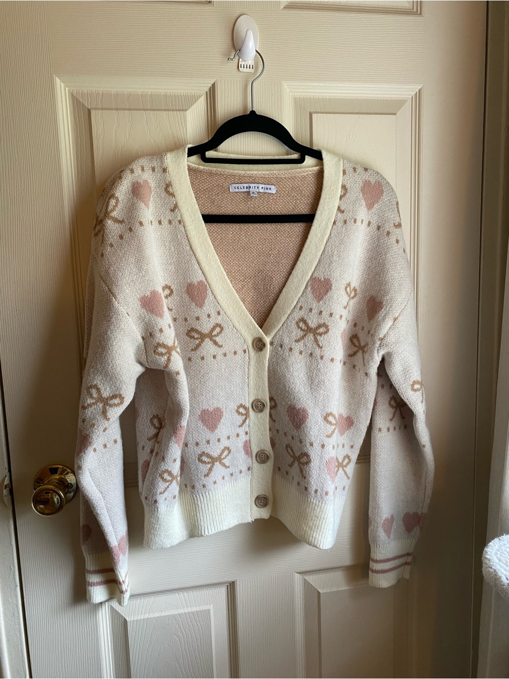 Celebrity Pink Cream Cardigan with Pink Hearts & Tan Bows
